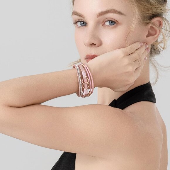 Leather Boho Wrap Bracelet Pink Beaded Infinity Jewelry for Women Gift - Picture 2 of 6